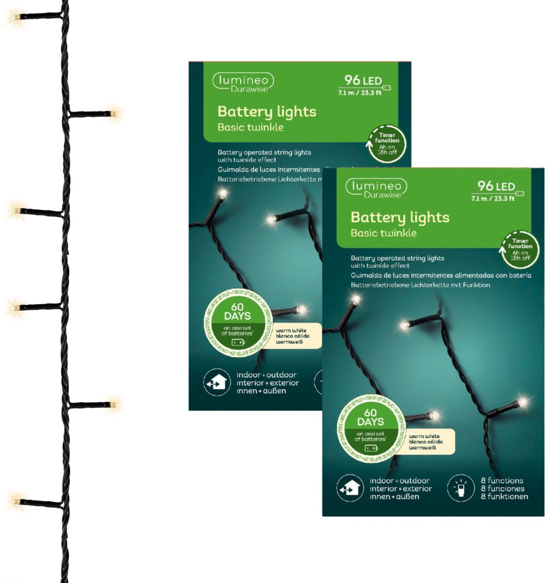 Kerstverlichting - 2x - twinkle - op batterij - warm wit - buiten - 96 lampjes - boomverlichting