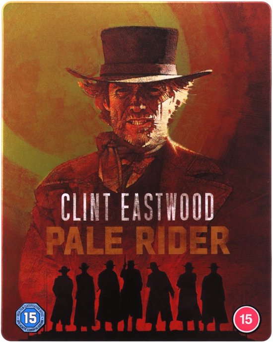 Steelbook met Clint Eastwood als "Pale Rider" met hoed en jas. Zes figuren op de achtergrond. Titel "CLINT EASTWOOD PALE RIDER".