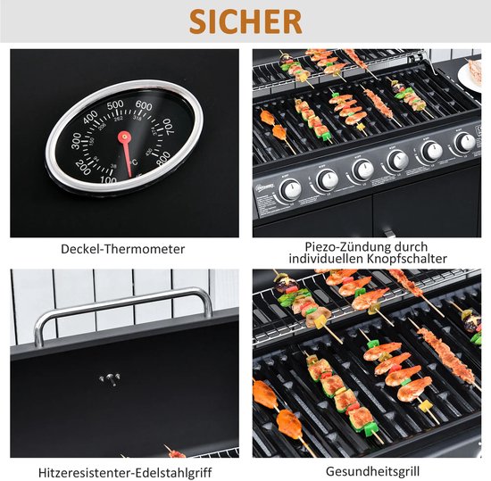 Gasbarbecue - Gasbarbecue en grill - 7 Branders - Met thermometer en mobiele grill - Zwart van Quteax. — afbeelding 5