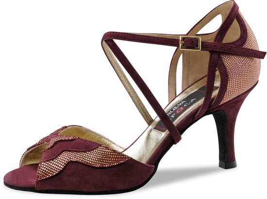 Nueva Epoca Catalina Dansschoenen Dames Latin, Salsa, Argentijnse Tango - Bordeaux rood suède met gouden glitters - Suède zolen - Open teen - Danshakken - Nueva Epoca - Bordeaux - 34