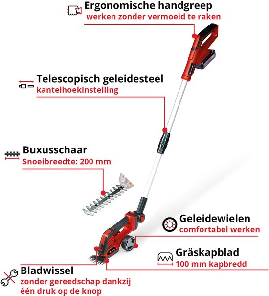 Einhell Accu Gras-/Heggenschaar GE-CG 18/100 Li T Kit - Power X-Change - 18 V/Li-ion - Knipbreedte grasschaar: 10 cm - Snoeibreedte heggenschaar: 20 cm - Incl. 2.5 Ah Accu en 1x lader van Merkloos	 — afbeelding 2