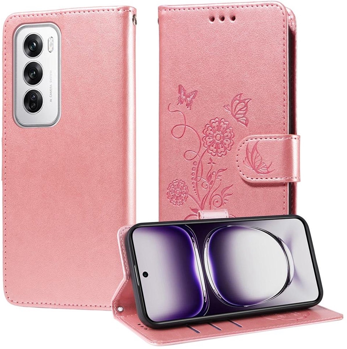Mobigear Telefoonhoesje geschikt voor OPPO Reno 12 Pro Hoesje | Mobigear Flowers Bookcase Portemonnee | Pasjeshouder voor 3 Pasjes | Telefoonhoesje voor Pinpas / OV Kaart / Rijbewijs - Roségoud