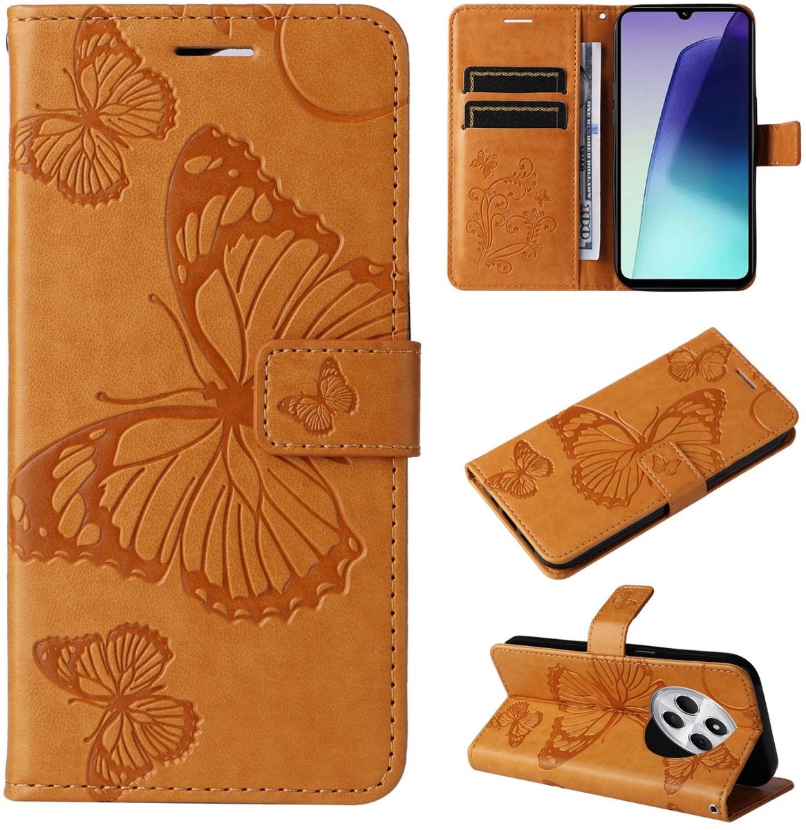 Mobigear Telefoonhoesje geschikt voor Xiaomi Redmi 14C Hoesje | Mobigear Butterfly Bookcase Portemonnee | Pasjeshouder voor 2 Pasjes | Telefoonhoesje voor Pinpas / OV Kaart / Rijbewijs - Cognac