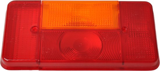 Achterlichtglas met oranje knipperlicht en rode remlichten, met rasterpatroon.