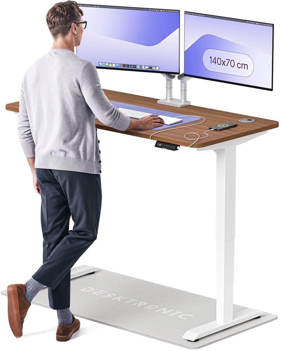Desktronic HomePro Zit-sta Bureau Elektrisch In Hoogte Verstelbaar, 140x70cm Wit/Notenhout, Stille Dubbele Motor, Hoogte 62-126cm