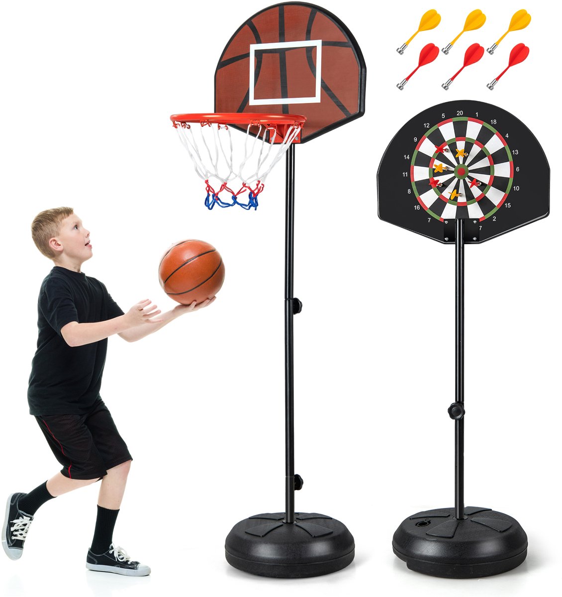 COSTWAY Basketbalkorf voor kinderen met dartbord, 2-in-1 basketbalstandaard met dubbelzijdig achterbord en 6 darts, 96-146 cm in hoogte verstelbaar, basketbalkorf met standaard, voor kinderen vanaf 8