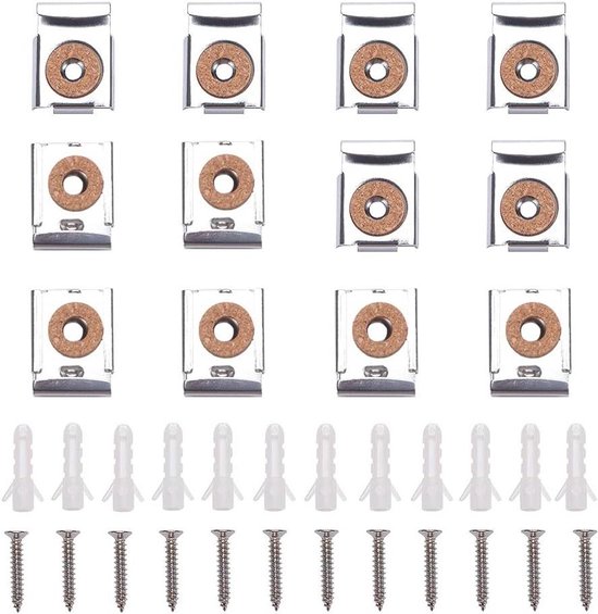 VooGenzek 1 Sets (4 Pieces) Set Mirror Suspension Clips, Unframed Mirror Holder Clips, Spring Loaded Mirror Hangers, Mirror Clips, with Plugs and Screws, for Room Mirrors, Gold