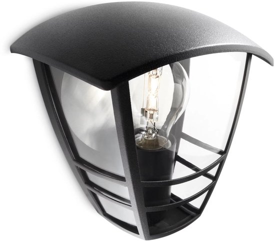 Zwarte, klassieke wandlamp met gebogen kap en zichtbare gloeilamp.