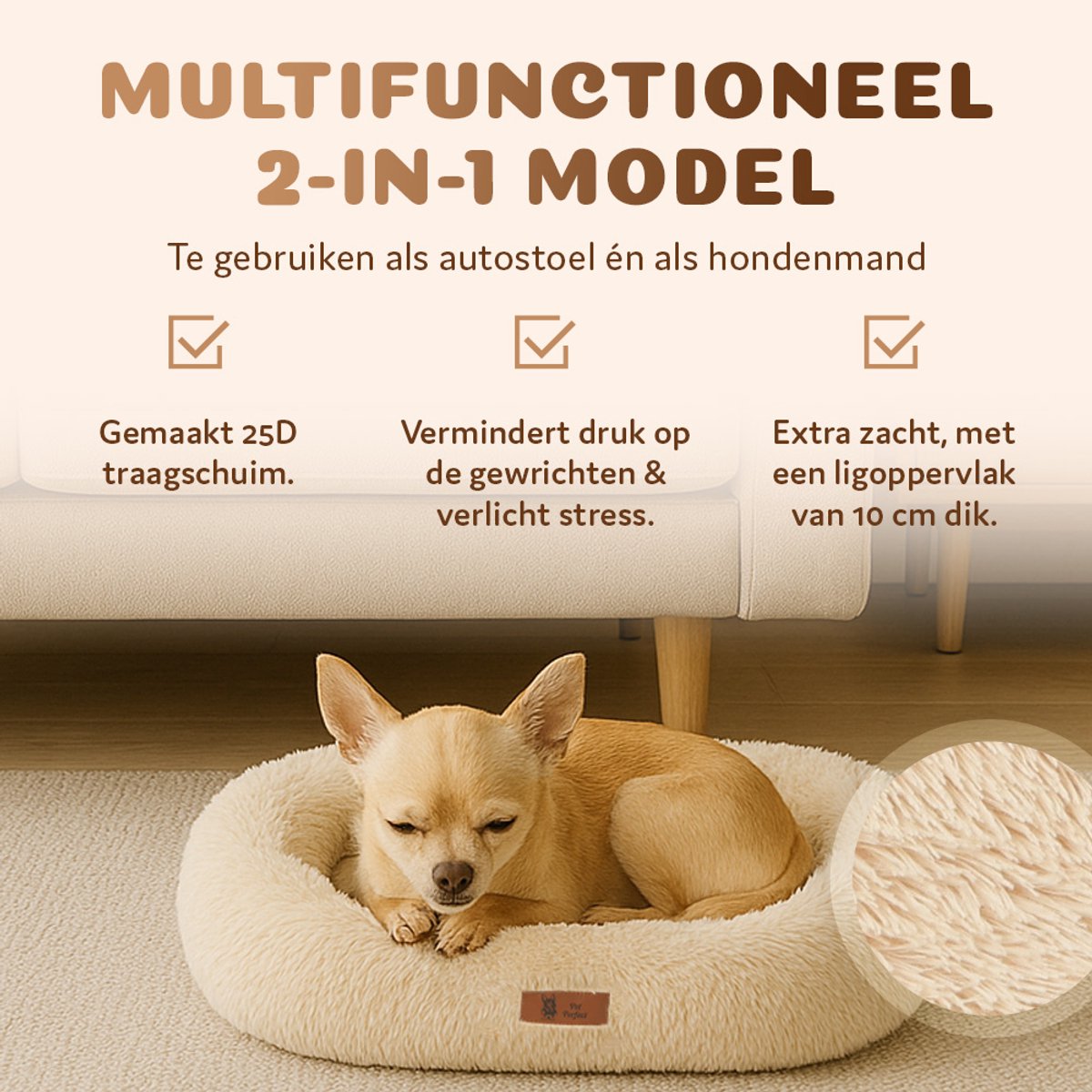 Pet Perfect Fluffy Autostoel Hond – Hondenmand Auto – Honden Autostoel - Automand Hond - Wasbaar – Beige - 2-in-1 - Small thumbnail 3