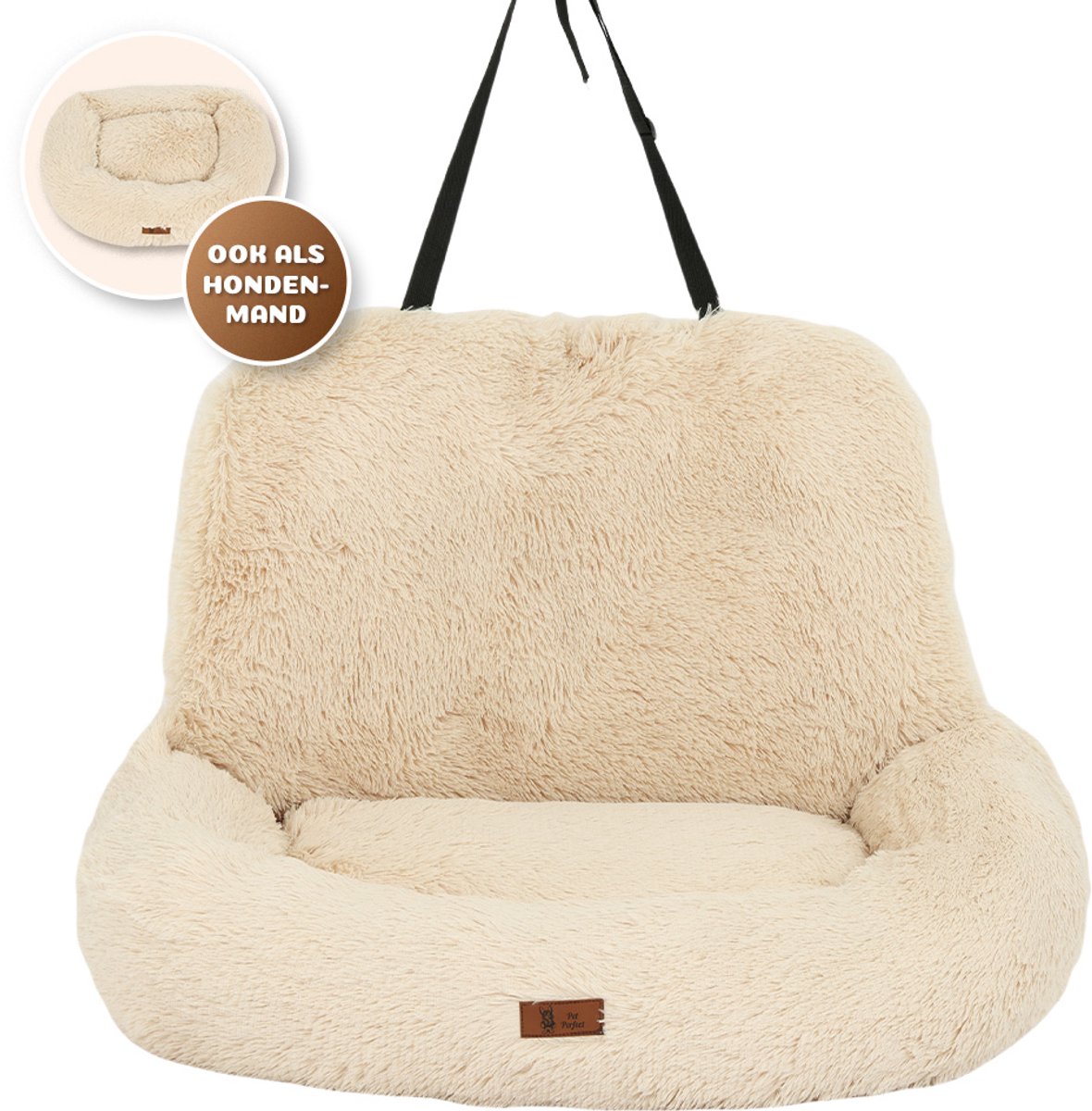 Pet Perfect Fluffy Autostoel Hond – Hondenmand Auto – Honden Autostoel - Automand Hond - Wasbaar – Beige - 2-in-1 - Large
