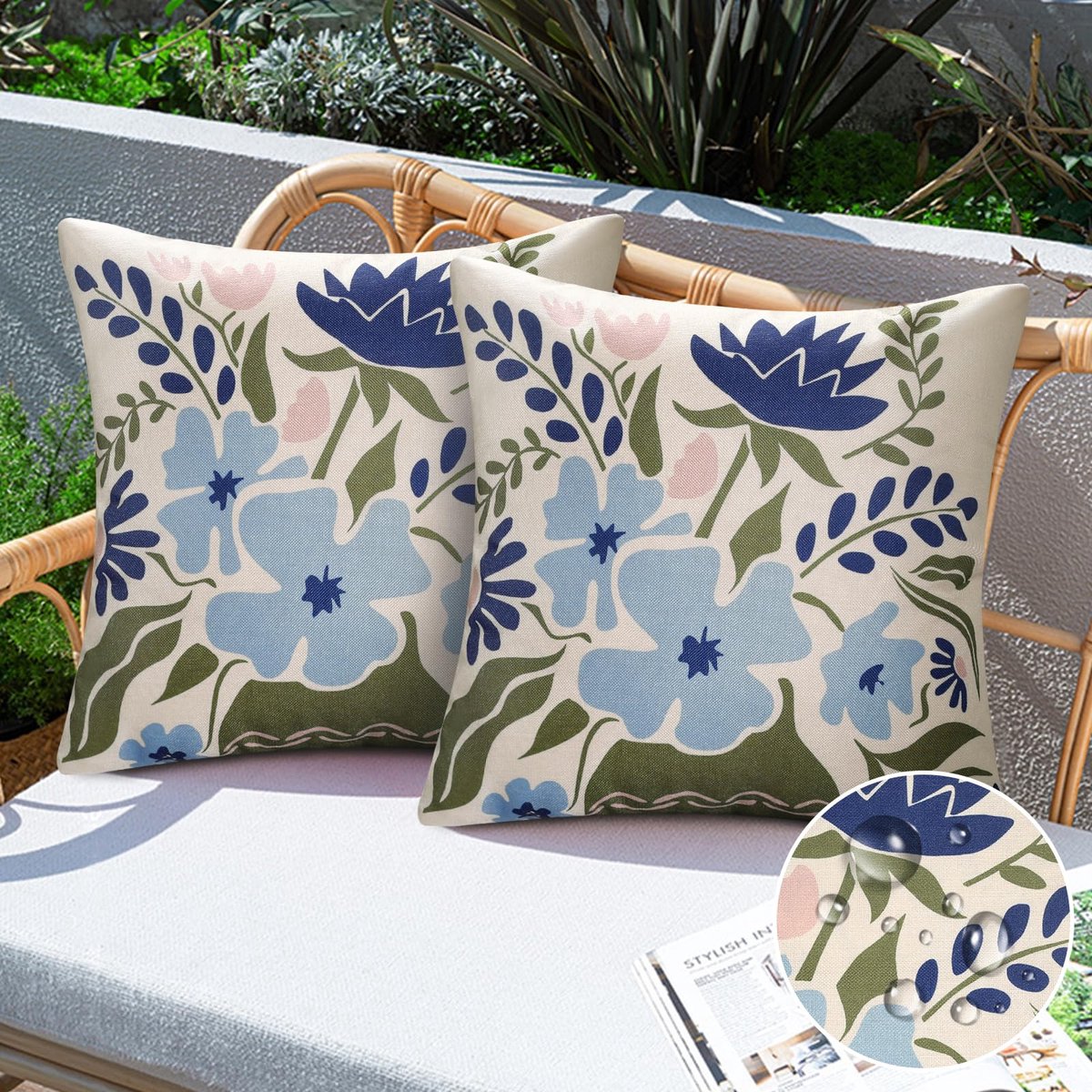 Ibenzoa Set van 2 Weerbestendige Kussenhoezen voor Binnen en Buiten, 45 x 45 cm, Decoratieve Sierkussens blauw