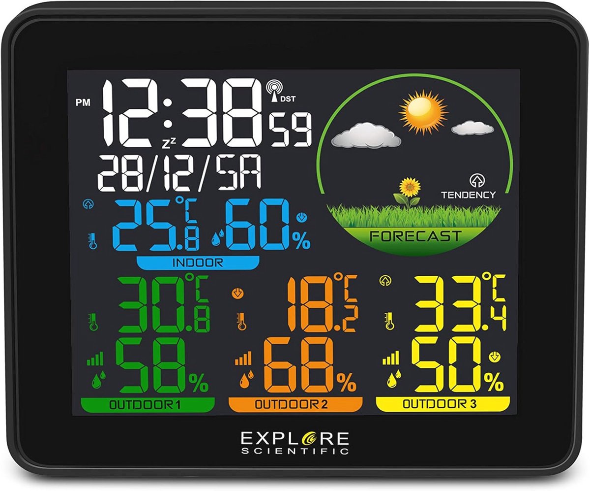 Draadloos Weerstation met Kleurendisplay en 3 Buitensensoren - Voorspelling en DCF Tijd