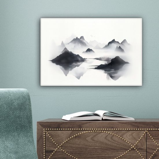 Canvas schilderij 30x20 cm - Exclusieve wanddecoratie Bergen - Mistig - Water - Wit - Muurdecoratie woonkamer - Slaapkamer decoratie - Kamer accessoires - Schilderijen op canvas