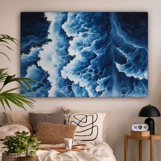 Canvas schilderij 180x120 cm - Exclusieve wanddecoratie Golven - Blauw - Schuim - Muurdecoratie woonkamer - Slaapkamer decoratie - Kamer accessoires - Schilderijen op canvas