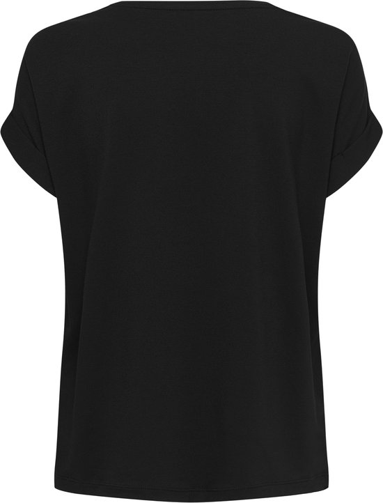 Achterkant van een zwart T-shirt met korte, opgerolde mouwen.