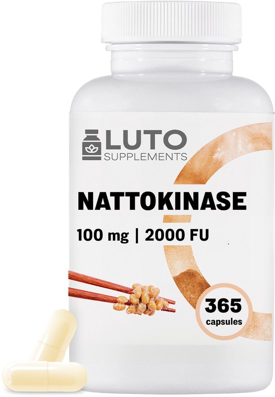 Nattokinase - 365 capsules - 100 mg (20.000 FU/g) - 12 maanden voorraad - laboratorium getest - hoge dosering - veganistisch - van GMO-vrije soja - zonder ongewenste toevoegingen - LUTO Supplements
