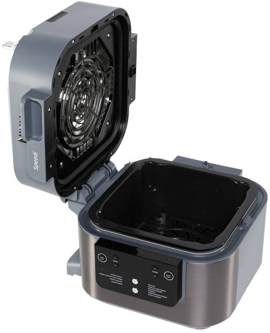 Grijze Ninja Speedi multicooker, open deksel toont de binnenruimte met rooster.