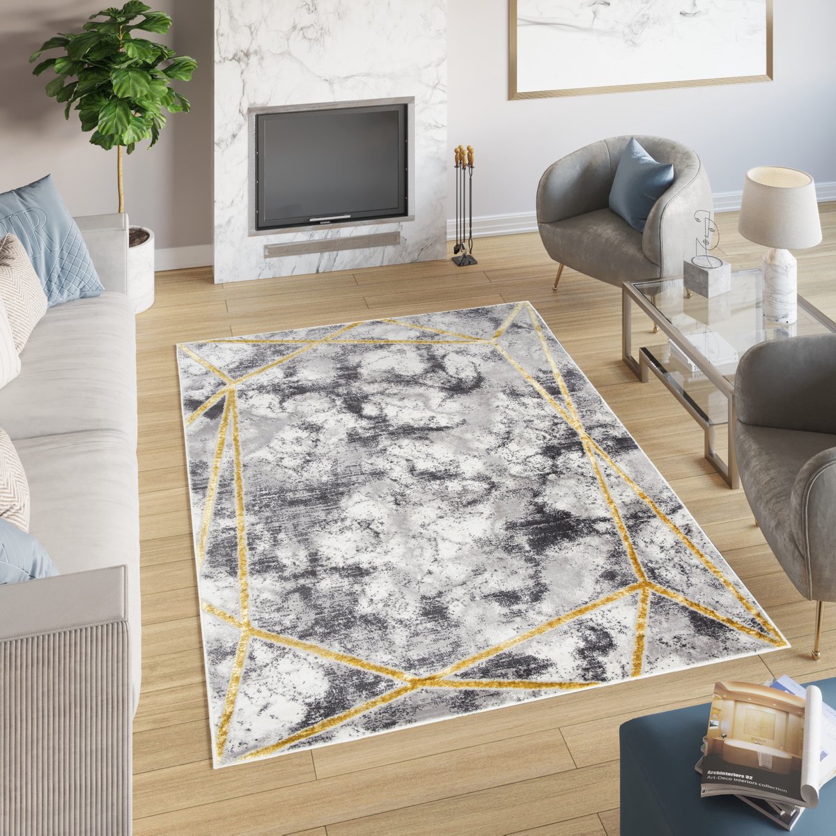 Tapiso Shine Vloerkleed Woonkamer Slaapkamer Tapijt Maat- 140x200 Grijs Goudkleur
