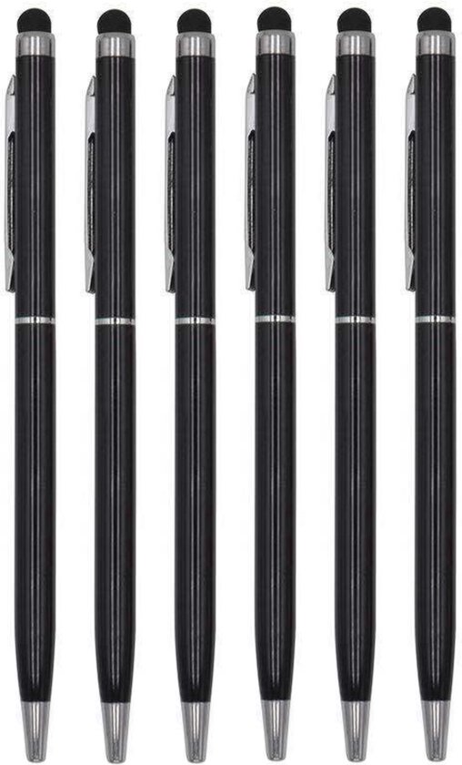 6 Stuks - Balpen en Touch Pen - 2 in 1 Stylus Pen voor smartphone en tablet - Metaal - Zwart