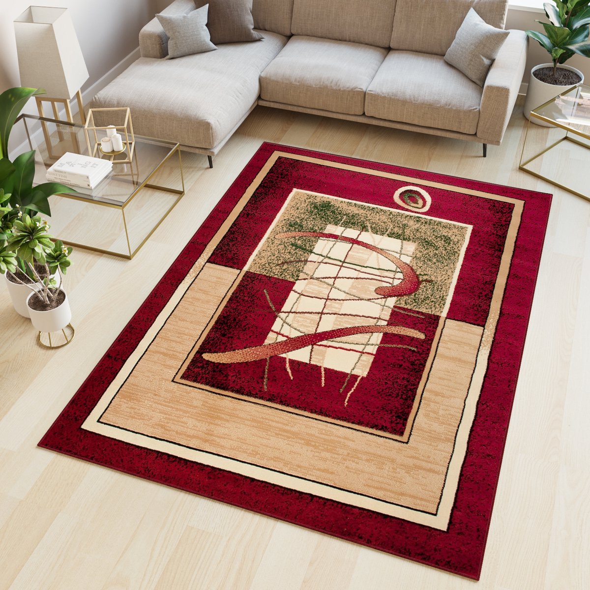 Tapiso Atlas PP Vloerkleed Rood Beige Woonkamer Modern Tapijt Maat- 100x200