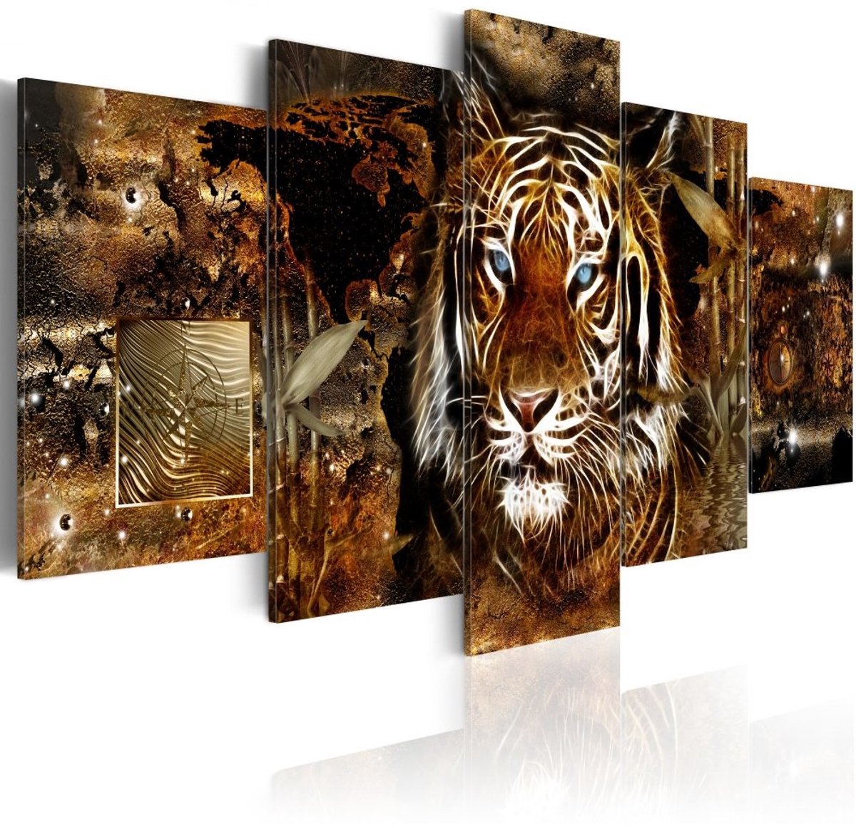 Schilderij - Gouden Jungle , tijger , 5 luik , goudlook