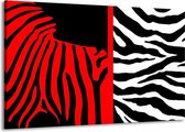 Schilderij Op Canvas - Groot -  Zebra - Rood, Zwart, Wit - 140x90cm 1Luik - GroepArt 6000+ Schilderijen Woonkamer - Schilderijhaakjes Gratis