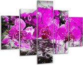 Glasschilderij -  Orchidee - Paars, Grijs, Wit - 100x70cm 5Luik - Geen Acrylglas Schilderij - GroepArt 6000+ Glasschilderijen Collectie - Wanddecoratie- Foto Op Glas