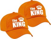 2x stuks the King pet / cap oranje met witte letters en kroon voor heren - Koningsdag - verkleedpet / feestpet