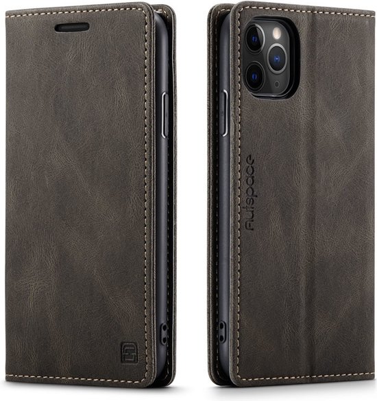 AutSpace - Etui iPhone 11 Pro Max - Etui portefeuille - Fermeture magnétique - avec protection RFID - Marron