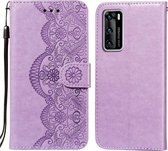 Voor Huawei P40 Flower Vine Embossing Pattern Horizontale Flip Leather Case met Card Slot & Holder & Wallet & Lanyard (Purple)