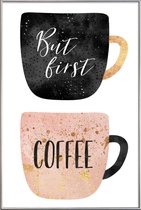 JUNIQE - Poster met kunststof lijst But First, Coffee -13x18 /Roze &