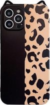 Cat Ear Leopard Print TPU Straight Edge-beschermhoes met lanyard voor iPhone 12 (zwarte kleuraanpassing)