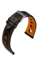 EULIT horlogeband - leer - 22 mm - zwart met oranje stiksel - metalen gesp