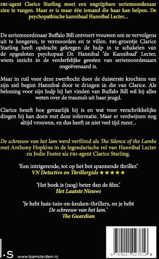 Achterkant van het boek 'De schreeuw van het lam' met tekstuele beschrijvingen en recensies.