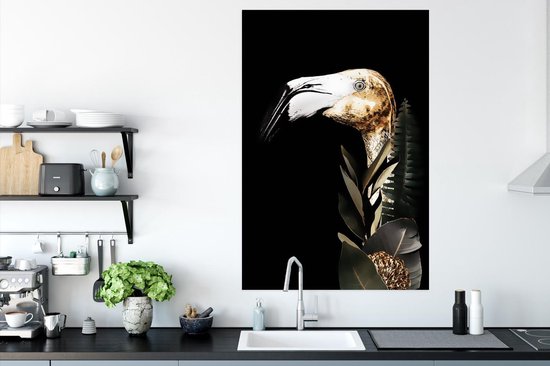 Portrait d'un flamant rose doré aux feuilles sur fond noir 80x120 cm