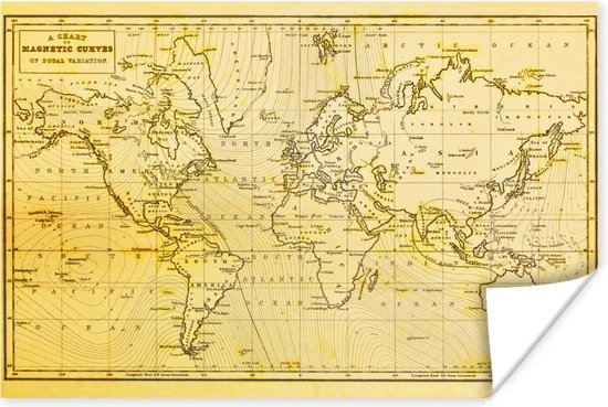 Poster - Wereldkaart - Vintage - Geel