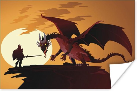 Poster Illustratie van een draak en een ridder bij zonsondergang - 120x90 cm
