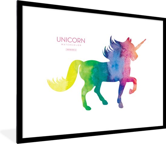 Fotolijst incl. Poster - Een illustratie van een eenhoorn in regenboog kleuren - Meisjes - Kinderen - Kids - 80x60 cm - Posterlijst