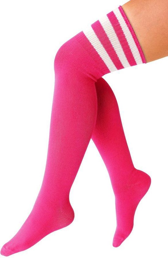 komen klif Reageren Lange sokken neon roze witte strepen - 36-41 - fluor UV kniekousen kousen  sportsokken... | bol.com