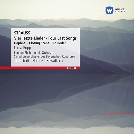 Albumhoes met bergen op de achtergrond en tekst van "STRAUSS Vier letzte Lieder".