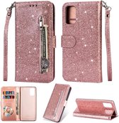 Samsung Galaxy M21 Glitter Bookcase met rits - hoesje - portemonneehoesje - RosÃ© Goud