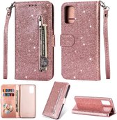 Bookcase Geschikt voor: Samsung Galaxy M21 Glitter met rits - hoesje - portemonnee hoesje - Rosegoud