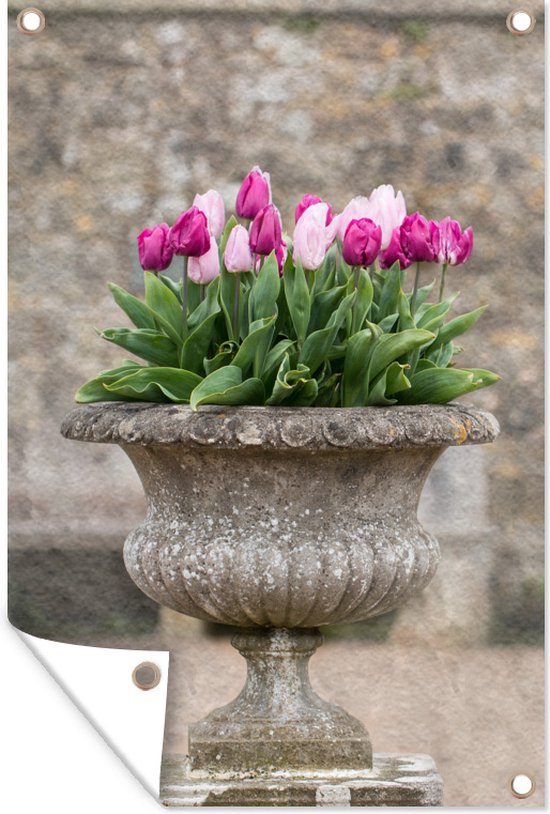 Muurdecoratie Een stenen plantenbak met roze tulpen - 120x180 cm - Tuinposter - Tuindoek - Buitenposter