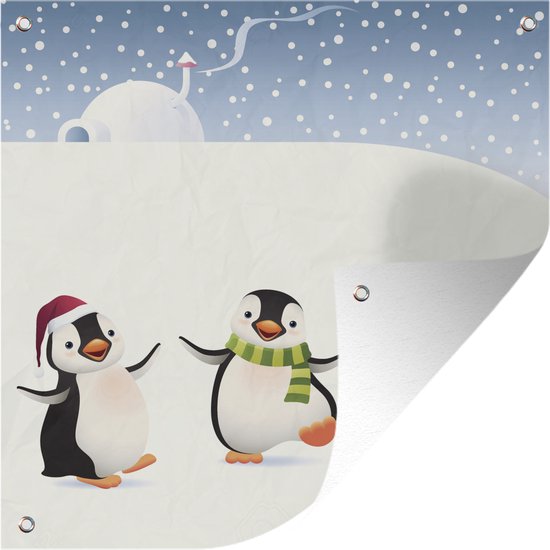 Tuinposters Een illustratie van drie pinguïns in de sneeuw - 50x50 cm - Tuindoek - Buitenposter