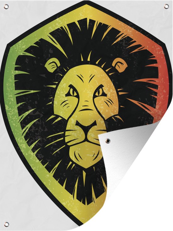Muurdecoratie buiten Een illustratie van een leeuw in reggae kleuren - 120x160 cm - Tuindoek - Buitenposter