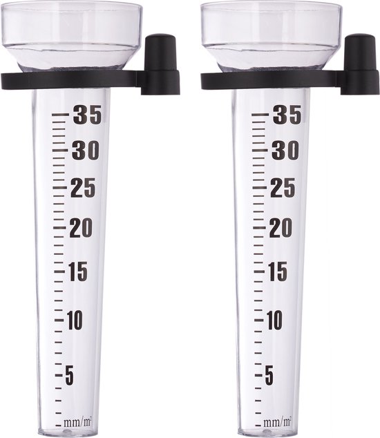 Set van 2 regenmeters met houder - tot 35 mm/m² - kunststof pluviometer transparant/grijs