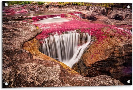 Tuinposter – Watervallen van Roze Berg - 90x60cm Foto op Tuinposter  (wanddecoratie voor buiten en binnen)