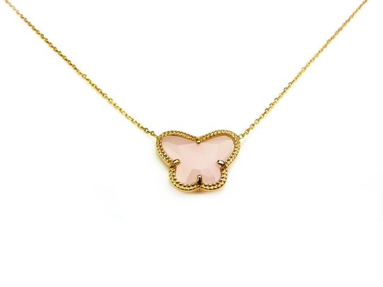 collier court en argent collier collier plaqué or jaune Modèle Papillon avec pierre rose