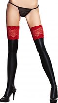 Wetlook and Lace Stockings - Black - Maat L/XL