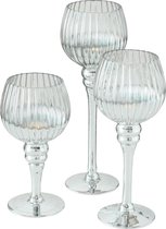 Luxe glazen design kaarsenhouders/windlichten set van 3x stuks zilver transparant met formaat tussen de 20 en 30 cm